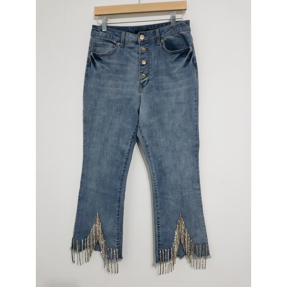 Forever21 embellished high-rise jeans with glam rhinestone fringe hem sz‎ 30